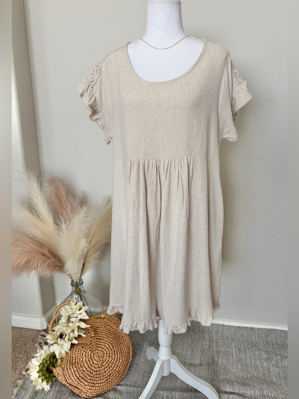 Boho Cottagecore - Light Beige Linen and Cotton Dress